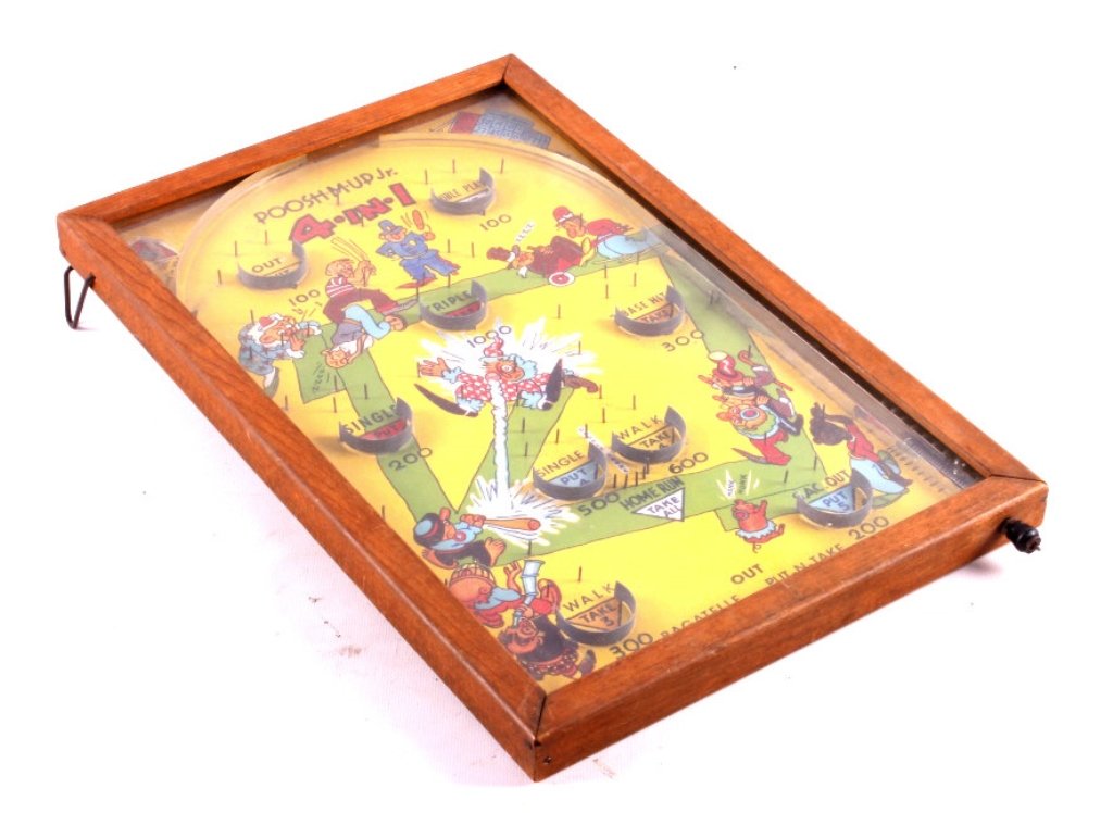 Antique Poosh-M-Up Baseball Game This is an antiqu: This is an antique Poosh-M-Up baseball game. This is an early pinball game. A player shoots the balls into the playing field, trying to get the ball to stop in the unique scoring positions. The game h