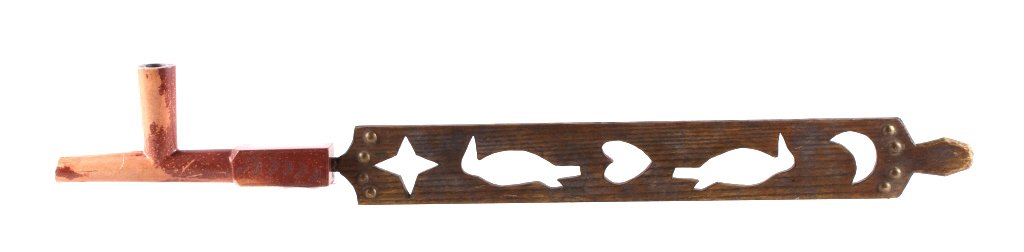Ojibwa Puzzle Stem Pipe & Carved Pipe Bowl 1890 Th: The lot features a very rare early Ojibwa Native American Indian pipe stem & bowl recovered from a Red Wing, Minn. Museum. This piece shows a very rare puzzle stem showing cut out shapes of Birds, Sta