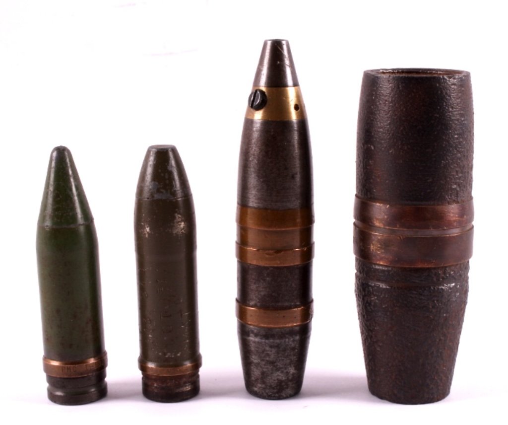 WWII Artillery Collection This is a collection of: This is a collection of 4 WWII artillery shell projectiles. Two are 20mm, both of which are designed to contain an explosive charge. The third one is a 25mm with an explosive charge (removed). the las