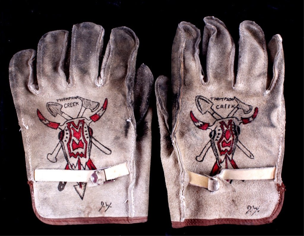 Thompson Creek, Mont. Indian Firefighter Gloves Th: This is a set of leather Forest Worker Firefighter gloves showing Native American Indian artwork across the front from 1991. These are from Thompson Creek, Montana. Signed D.W. These were used in a fo