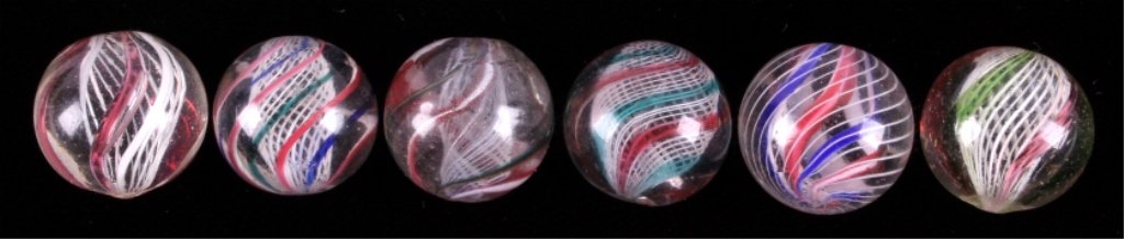 Handmade Latticinio Core Swirl Marbles This is a c: This is a collection of 6 handmade latticinio core swirl marble. Each marble was made by hand and shows a ground pontil. The marbles are believed to be German in origin. They are in very good conditio