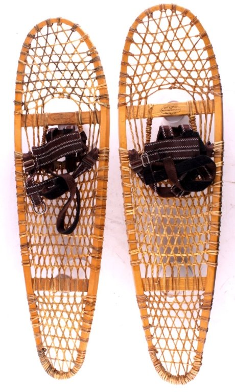 Safesport Bear Paw Snowshoes This is a pair of Saf: This is a pair of Safesport snowshoes. The snowshoes are made form solid white ash and are laced with rawhide. They have nylon bindings. The snowshoes are in very good condition. These would be great 