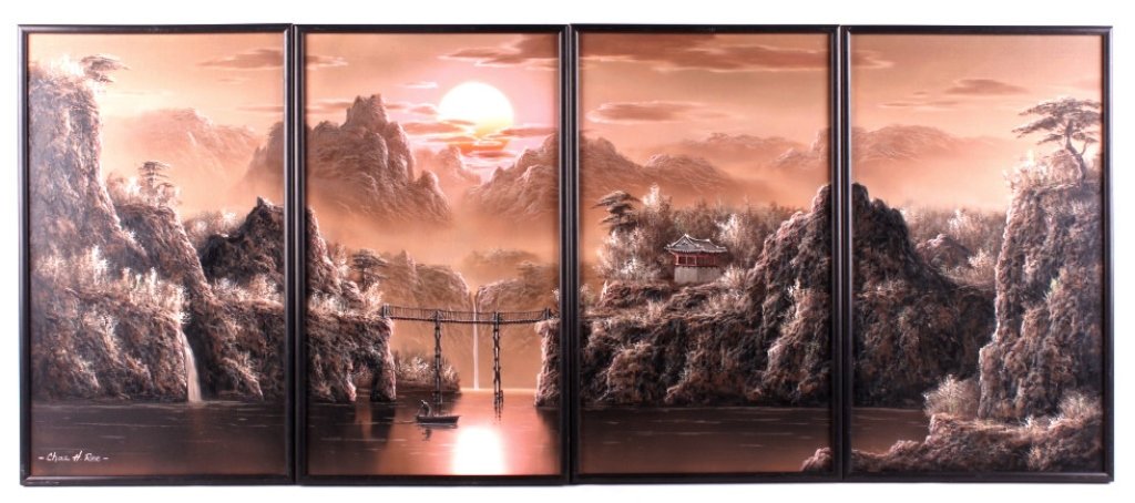 Chas H. Ree Oriental Misty Mountain Painting This: This is an oriental misty mountain painting by Chas. H. Ree. The painting consists of four individual framed pieces. When put together, they form a unique panoramic image of a Japanese seaside setting