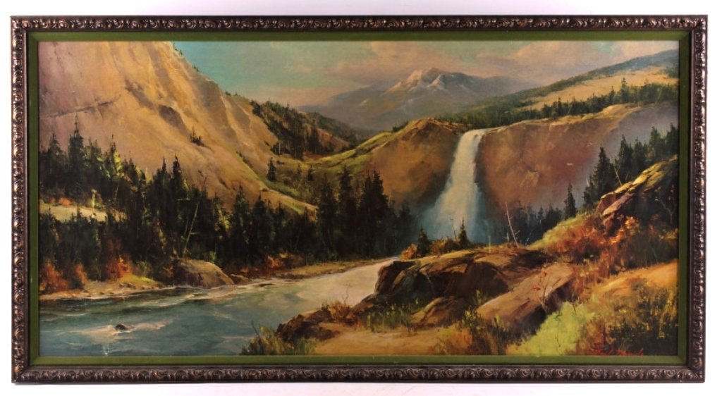 Yellowstone Falls Framed Print This is a framed pr: This is a framed print, believed to be Yellowstone Falls. The print is on cardboard. It has been signed by the artist "Earl Daniels". The framed print is in good condition. The frame measures 27" x 51