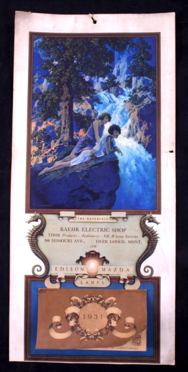 1931 Maxfield Parrish Calendar from Deer Lodge MT: This is a 1931 Maxfield Parrish calendar from Deer Lodge, Montana. The calendar is imprinted with "Baehr Electric Shop". The calendar also advertises Edison Mazda Lamps. The calendar is in good condit
