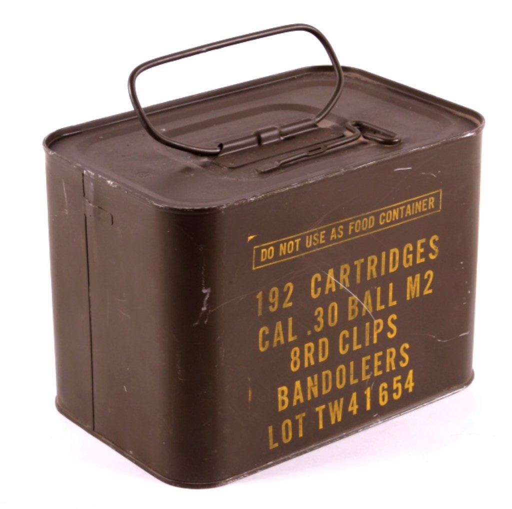 Unopened M1 Garand Can 30 Cal. (.30-06 192 rds): This is a can of .30 Caliber (.30-06) M1 Garand Ball M2 ammunition in bandoleers. The can contains 192 rounds. The rounds are configured in 8 round bandoleers. This can is sealed and requires a key wh