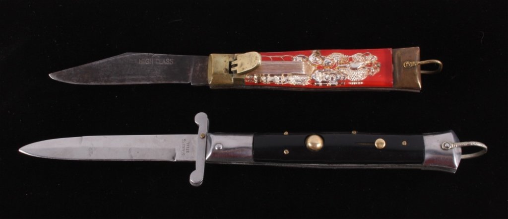 Vintage Dragon Bullfighter & Black Switchblades Th: The lot features two early vintage switchblades (swith blade). The first appears to be a stainless steel knife and is marked, "High Class" maker is undistinguishable, but does shows the hallmark cross