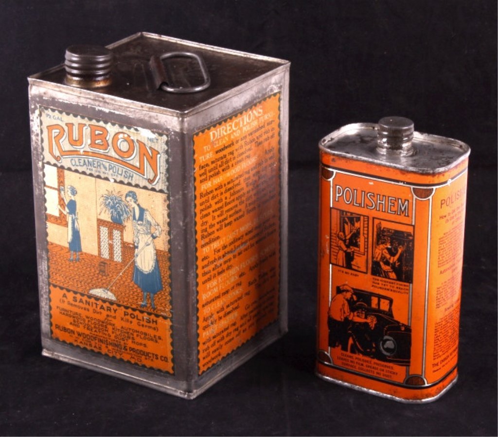 Antique Tin Polish Cans This is a pair of antique: This is a pair of antique tin polish cans. Each of the cans feature lithographic images and graphics. The cans are in good condition and show bright, vivid colors. One can measures 2" x 3" and is 6" t