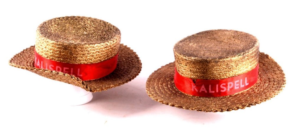 Kalispell Montana Straw Hats This is a pair of Kal: This is a pair of Kalispell, Montana straw hats. It is believed these hats were used at a state political convention or rally. Each of the hats is marked inside "Wright Straws Hand Crafted". They are