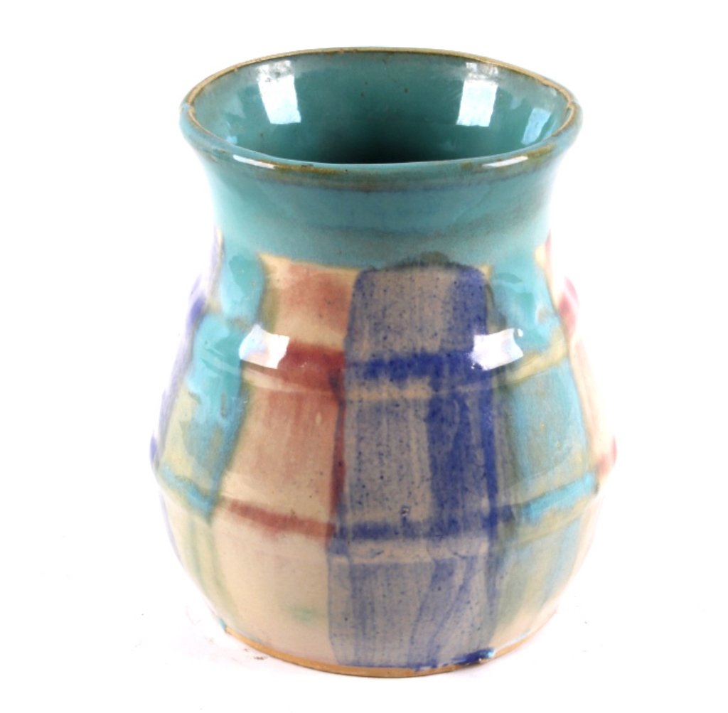 Hull Stoneware Multi-Colored Glaze Vase 1920 This: This is an early Hull Pottery Stoneware multiple dripping glaze colored vase. The piece is from circa 1920 and is marked across the bottom "40 H (in a circle)..." Excellent condition with crisp colori