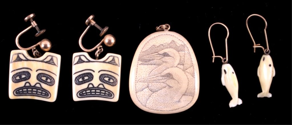 Antique Ivory Collection This is an antique ivory: This is an antique ivory collection that includes 2 pairs of earrings and a necklace pendant. The earrings are Northwest Coast Native American. One pair shows a totem mask and the other pair depict wh
