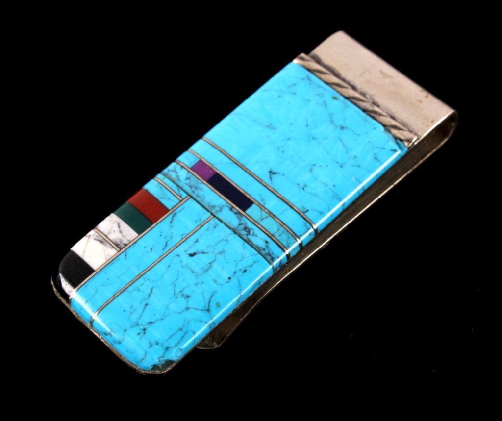 Zuni Inlaid Mosaic Silver Money Clip: The piece is very well crafted with a bright turquoise, ox blood coral, black onyx, malachite, sugilite, and agate mosaic inlaid design. The piece is from the Navajo Native American Indians and is on