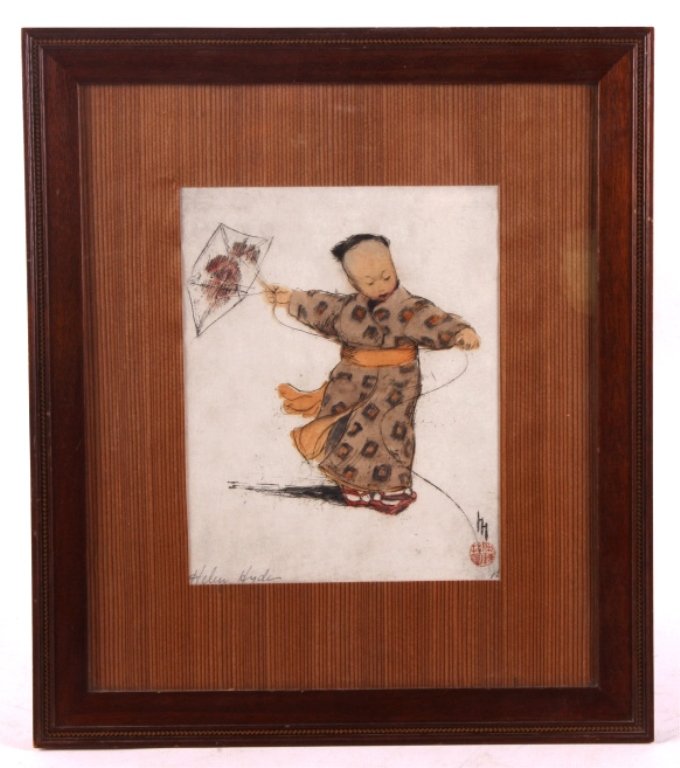 Helen Hyde Woodblock Etching: This is an original Helen Hyde woodblock etching. The etching is titled "In Kite Time". It shows a young child playing with a kite. The etching was made in 1903. It is in very good condition and has b