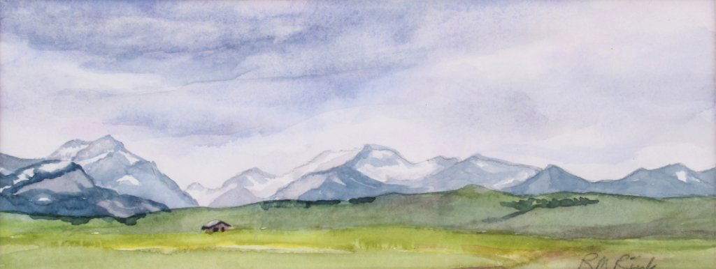 Glacier Mountains Watercolor by R.M. Rink: This is an original work of art watercolor painting of the Glacier National Park Montana by R.M. Rink. The piece shows a panoramic scene showing the white toped mountains and rolling green hills. Hand