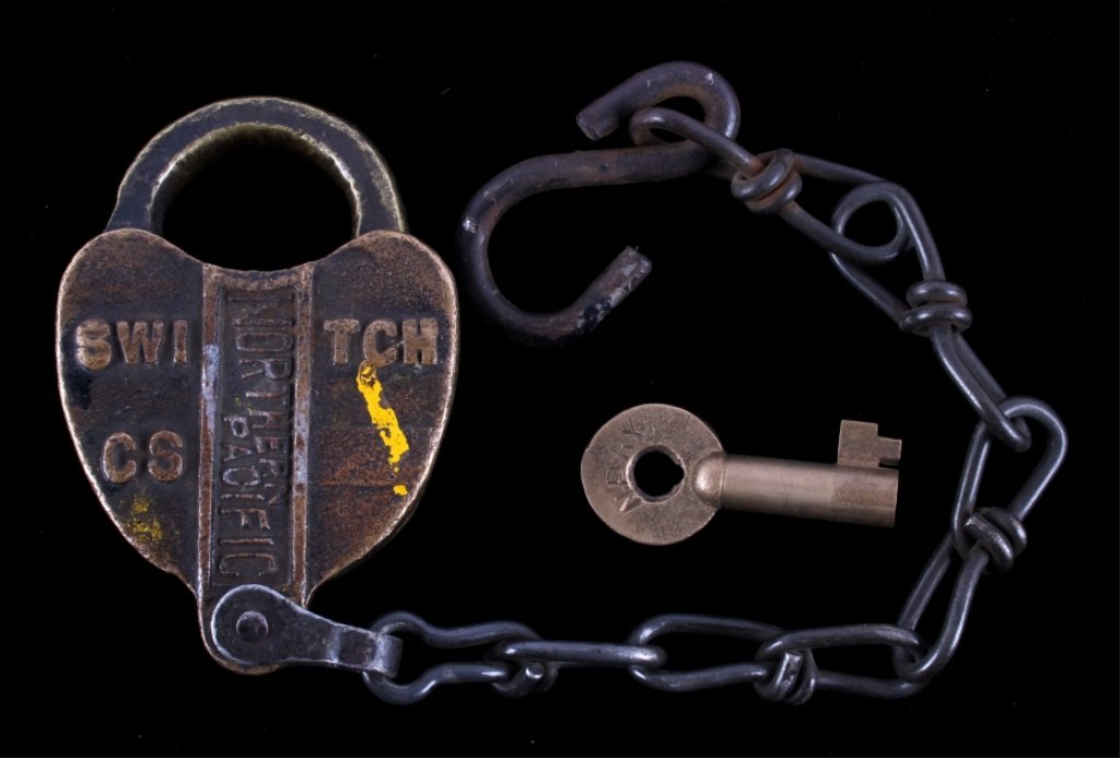 Northern Pacific Railway Adlake Switch Lock & Key: This is an original 19th century brass Adlake Lock & Key from Montana Northern Pacific Railway (N.P.R.Y.). This is a rare Switch CS Lock with the most locks being marked small, "NPRY", but this lock b