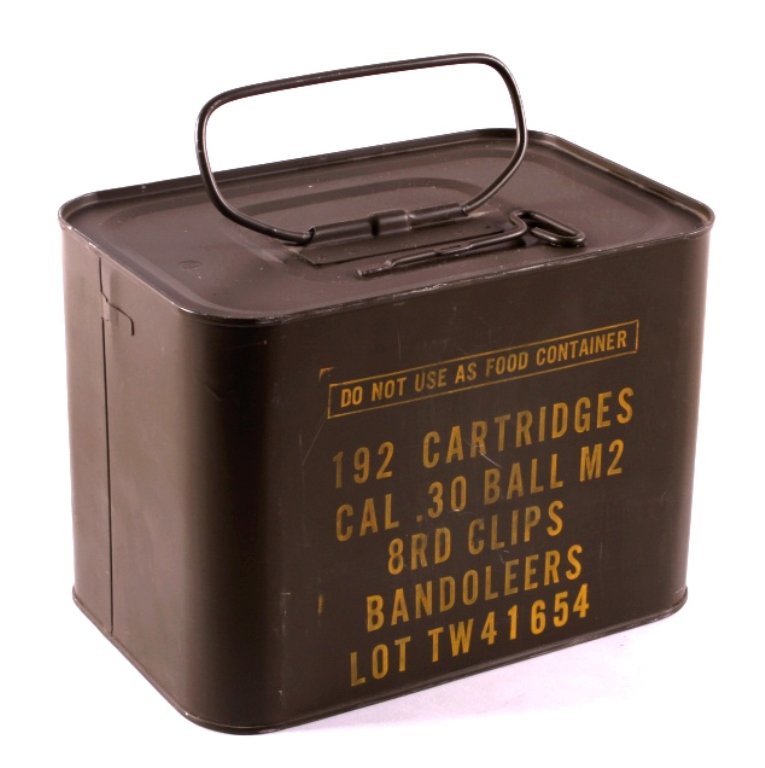 Unopened M1 Garand Can 30 Cal.(.30-06 192 Rds.): This is a can of .30 Caliber (.30-06) M1 Garand Ball M2 ammunition in bandoleers. The can contains 192 rounds. The rounds are configured in 8 round bandoleers. This can is sealed and requires a key wh