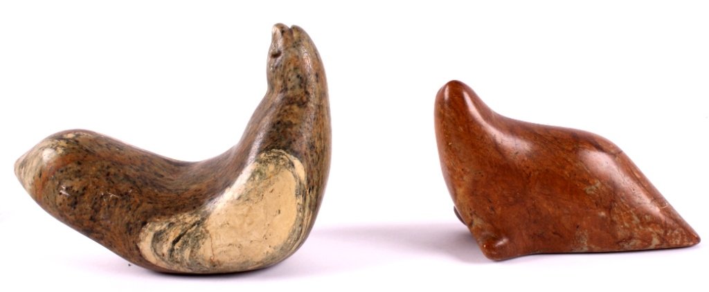 Sharon Spencer Eskimo Stoned Carved Seals: This is a pair of Sharon Spencer Eskimo stone carvings. These pieces represent her early career when her focus was directed toward Native American and Eskimo art. These carvings are made from solid so