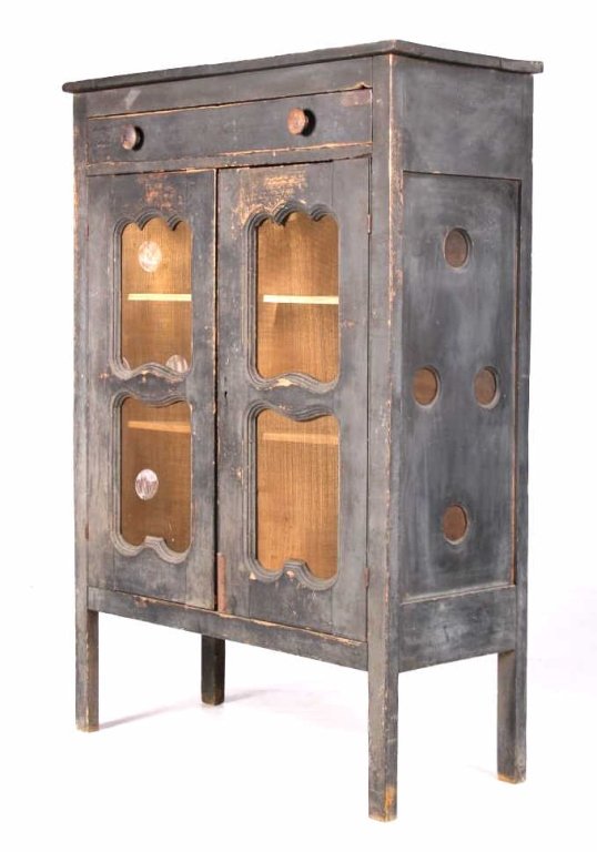Primitive Painted Wood Pie Safe: This is an early antique primitve hand crafted pie safe. The piece shows three shelves and a unique top drawer. The piece has turned round wood knobs and metal screen across the front and sides. Solid