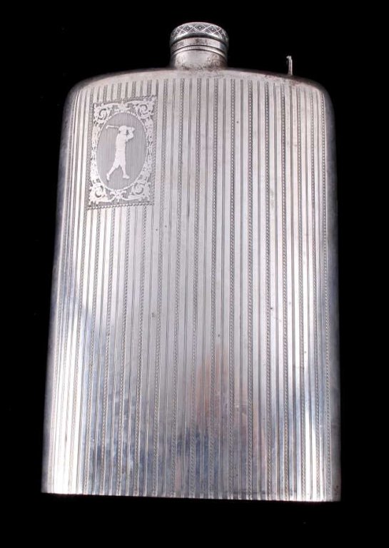 Antique Wallace Sterling Silver Golfing Hip Flask: This is a solid Sterling Silver handmade hip flask from Wallace silversmith. The flask is from early 1900 and shows a wonderful hand etched design across the front and around the lid. The top right co