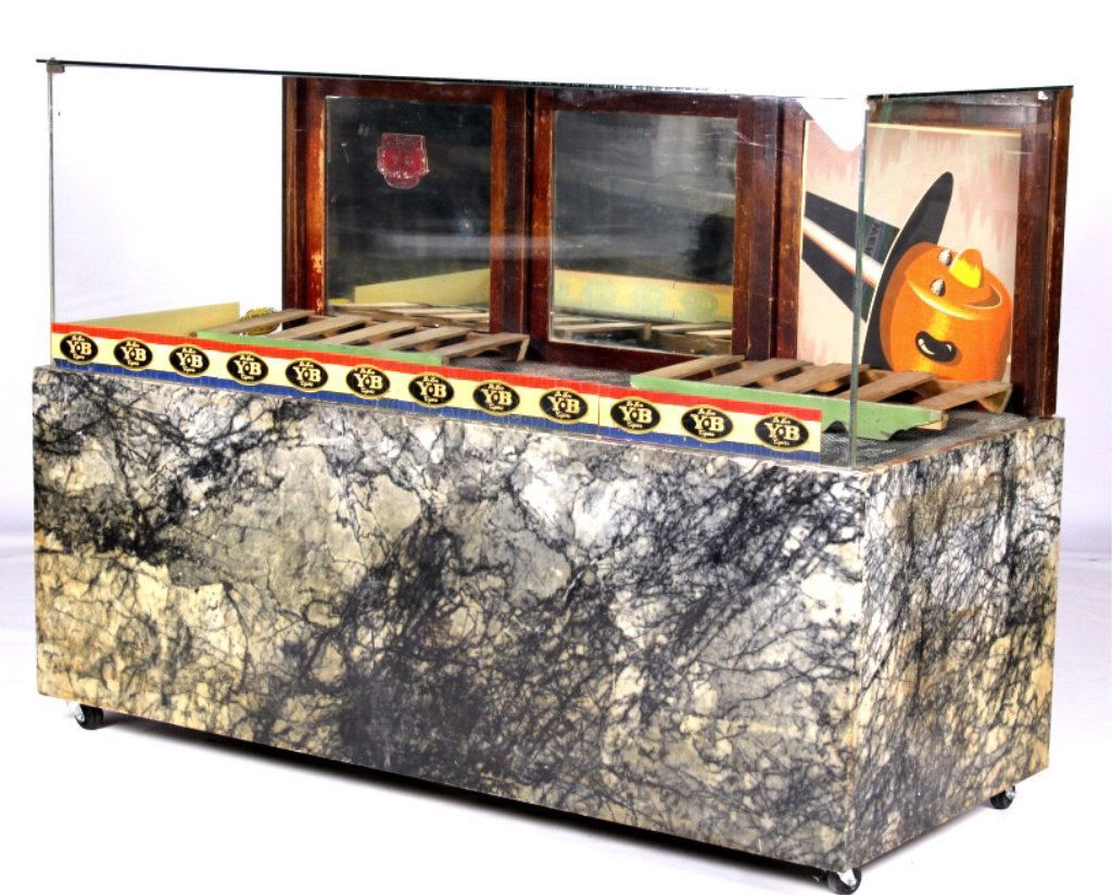 Antique Mercantile Cigar Humidor Display Case: This is an original mercantile drug store cigar humidor. The 19th century piece has marble sides with a glass framed top and sides. The back has three swing out oak doors with two having mirrors. The