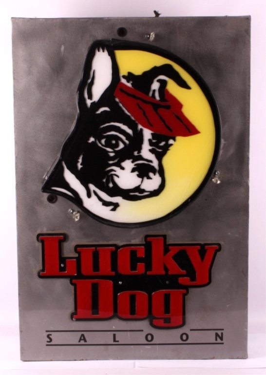 Lucky Dog Lighted Sign: This is a lighted sign that reads "Lucky Dog". The sign was lighted with neon and fluorescent lights but is NOT currently in working condition. The neon lighting has been removed. The sign itself is i