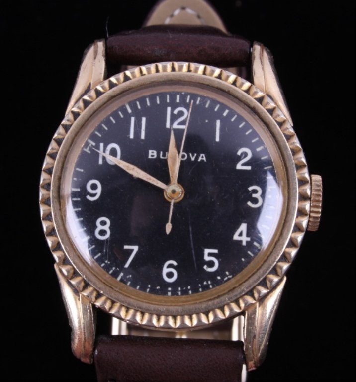 WWII Bulova A-11 Army Air Corps AF 42 Wrist Watch: This is an original World War II United States Army Air Force Corps Bulova Type A-11 wrist watch. The watch case has been changed to a Yellow Gold (possibly filled) and has a modern leather band. The