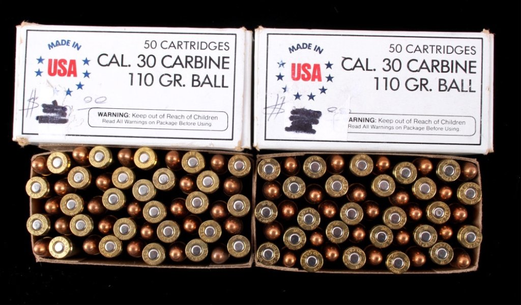 US Made Olin Winchester 30 M1 Carbine (100 rounds): This is Made in the USA .30 Caliber M1 Carbine 110 grain ball ammunition. There are two full boxes of 50 rounds (100 live rounds total). Olin Winchester.