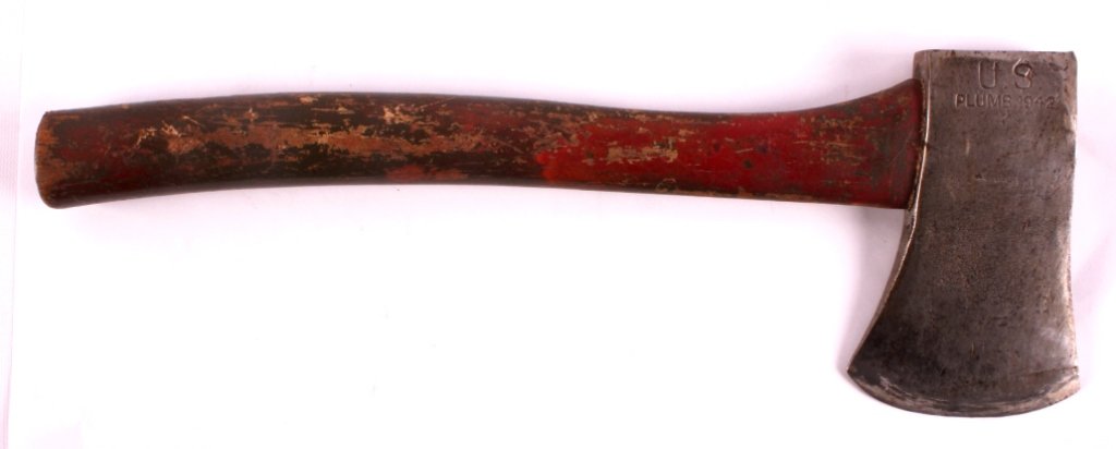 WWII U.S. Plumb 1942 Hatchet: This is a Plumb hatchet. The hatchet is marked "U.S. Plumb 1942". The hatchet has a solid hickory handle. It is in good overall condition. The hatchet measures 5.25" x 15".