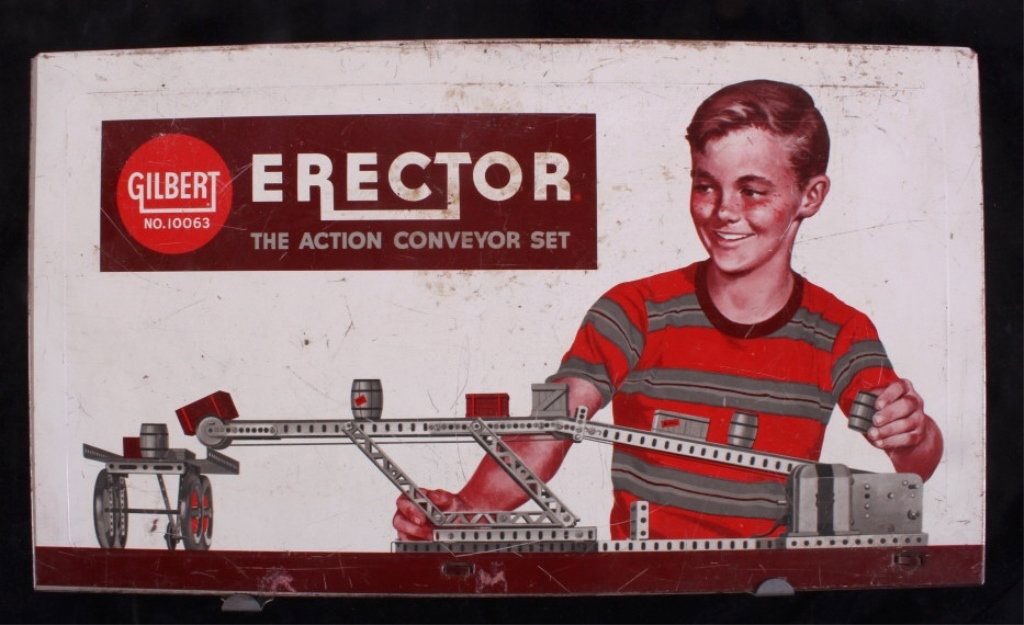 1950 Gilbert Erector Set No. 10063: This is a Gilbert Erector set from the 1950's. This set includes well over 200 pieces, however, it is not known if the set is complete. There are several wheels, a motor, gears, pulleys, etc. All the