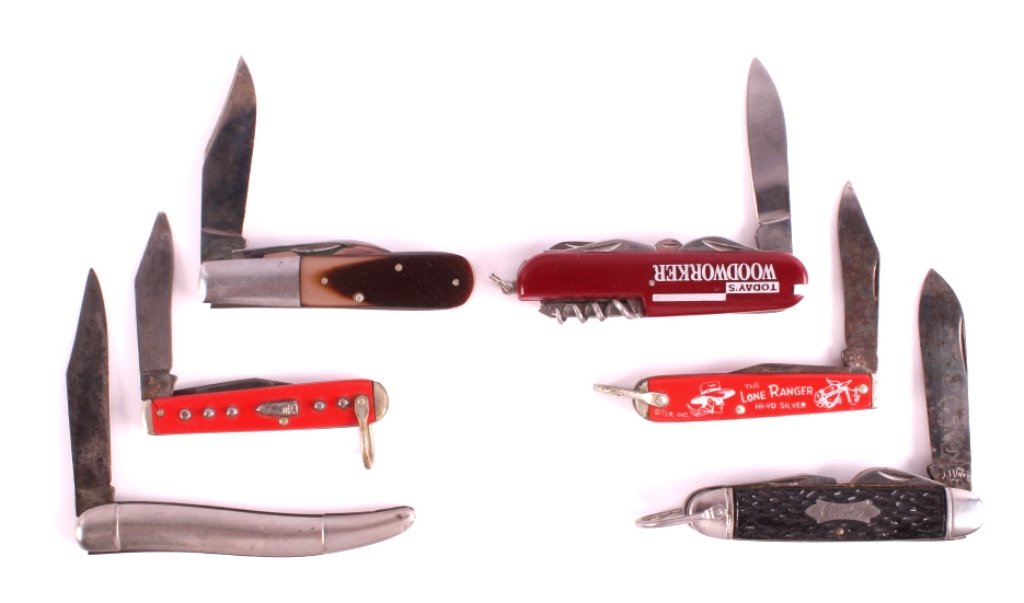 Pocket Knife Collection: This is a collection of six pocket knives. Included are two Lone Ranger knives, a Camco, a Kabar, a Hammer Brand, and one marked "Today's Woodworker". All the knives show good condition. The largest m