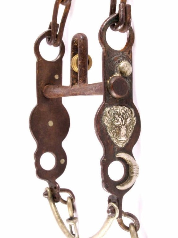 Buffalo Silver Mounted August Buermann Bit 1880-90: This is an original August Buermann silver mounted horse bit. The piece features an excellently detailed Great American Bison Buffalo silver mounted spot on with Buffalo horn half moon below and a sil