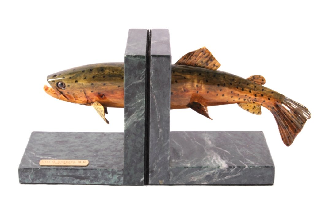 Greenback Cutthroat Trout by Dr. Gill Sanders: This is an original one of a kind hand carved and painted wood Greenback Cutthroat Trout on marble bookends. The piece is hand crafted by Dr. Gill O. Sanders M.D. "Teton Fighter". The bottom of the bo