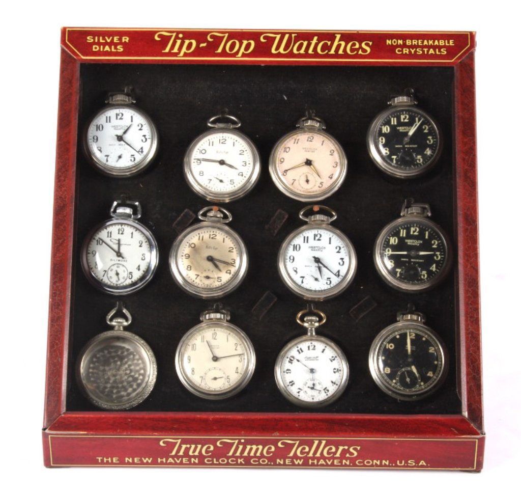 Tip Top Watch Mercantile Display & Watches 1920's: This is an original mercantile counter top display for Tip-Top Watches. The display reads, "Tip-Top Watches Silver Dials Non-Breakable Crystals True Time Tellers The New Haven Clock Co., New Haven, Co