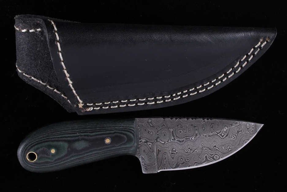 CFK Damascus & Micarta Knife with Vine File Work: This is a hand crafted custom knife from CFK Cutlery Company. The knife has a hand forged folded 512 Layer Twist (1095HC/15N20) Damascus Steel Blade with a black and blue grey tactical Micarta Scales