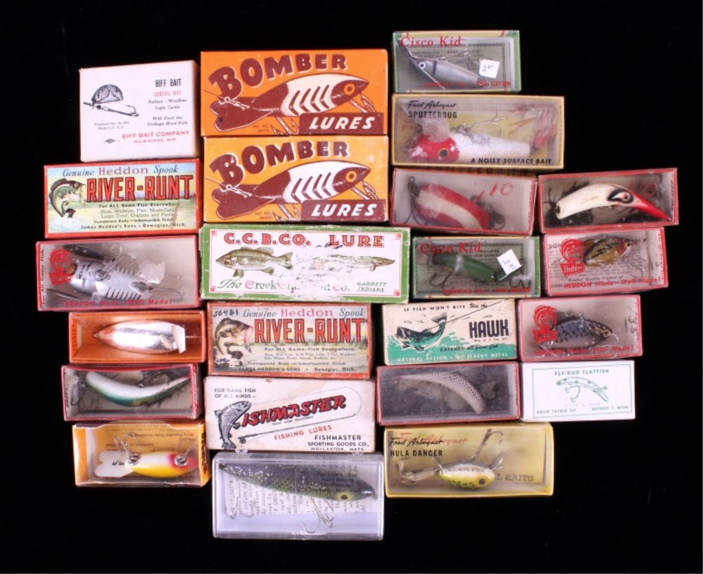 Antique Fishing Lure Collection: This is an antique fishing lure collection. There are 23 different lures included. They all come in a box, believed to be the original box. Some lures appear to have been fished while others appear to
