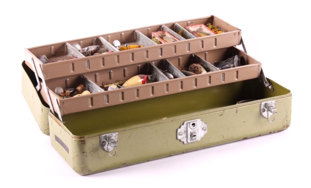 Fishing Tackle Box with Lures and Extras: This is a metal fishing tackle box full of lures and extras. There are more than 30 lures, fishing line, flies, hooks, etc. There is also a 1947 Game and Fish Codes of Illinois book. The tackle box an