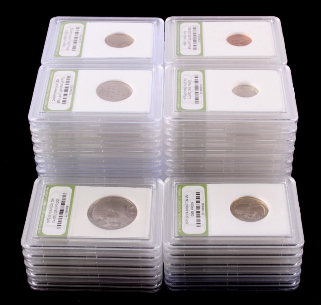 Gem Proof Uncirculated INB Coin Collection: This is a collection of 50 collectible uncirculated coins. The lot features five Kennedy Half Dollar 50 cent Cameo Gem Proof Coins from 1972-1992, fifteen Washington Quarter 25 cent Gem Proof Cameo Un