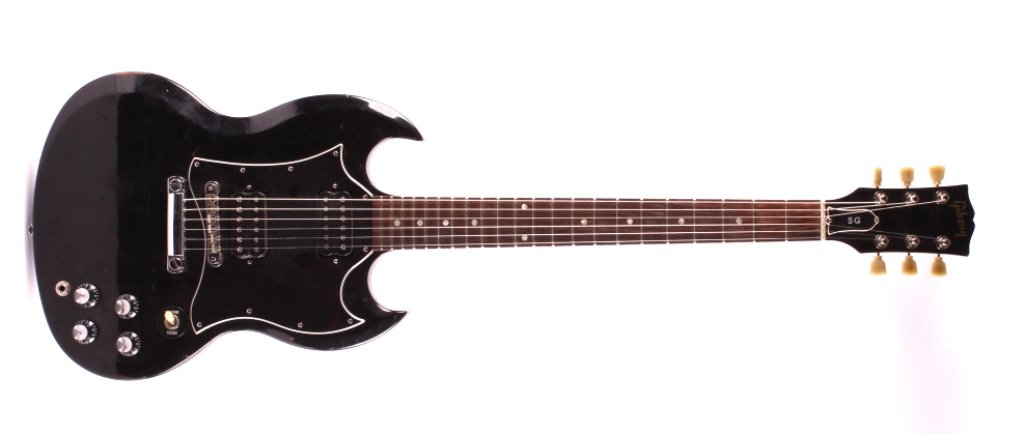 1996 Gibson SG Electric Guitar: This is a Gibson SG electric guitar. The guitar was made at the Nashville factory in 1996. This guitar features an ebony finish with mother of pearl inlays on the fret board. The tuners are marked "Gi