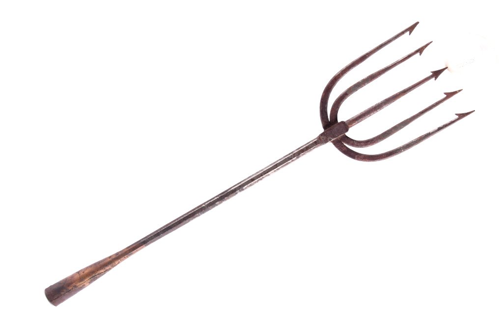 F.K. Dowler 1880 Blacksmith Fishing Gig Spear: This is a hand blacksmith forged iron fishing gig or spear marked, "F.K. Dowler 1880." The piece is from circa 1880 and shows very good technique and craftsmanship. The shaft has a octagonal shape whi