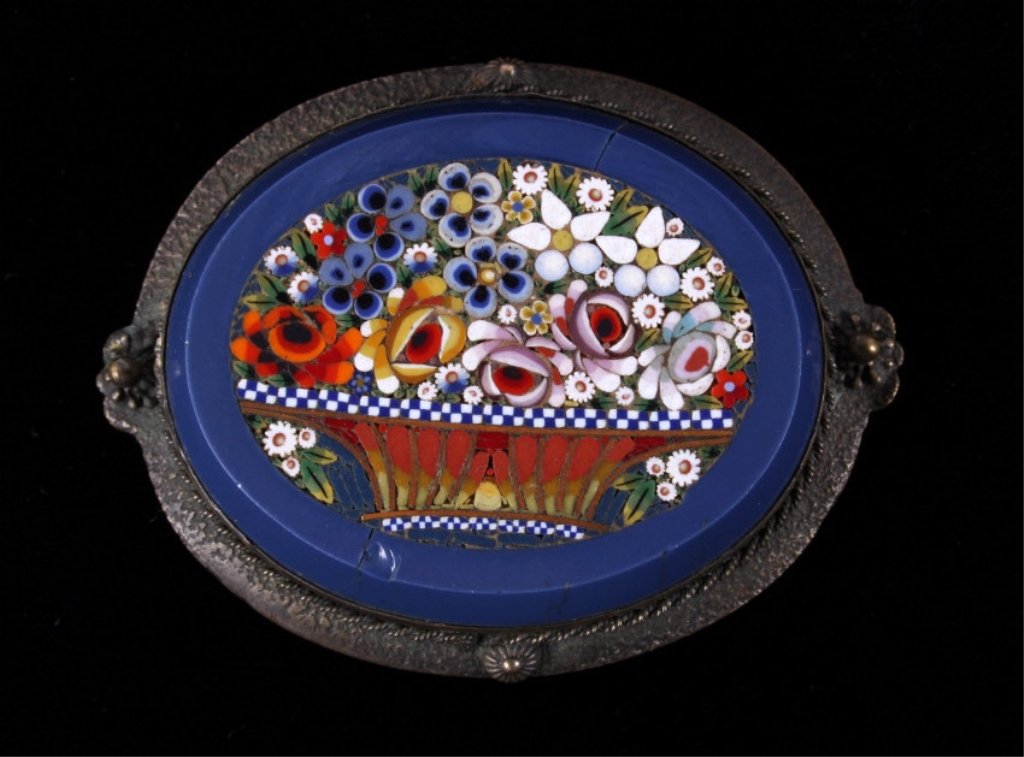 Italian Micro Mosaic Inlaid Silver Brooch 19th C.: This is an Italian micro mosaic inlaid floral design on a silver like brooch or pin. The front has an excellently detailed floral in vase design. The blue carved stone shows a crack, but is a solid pi