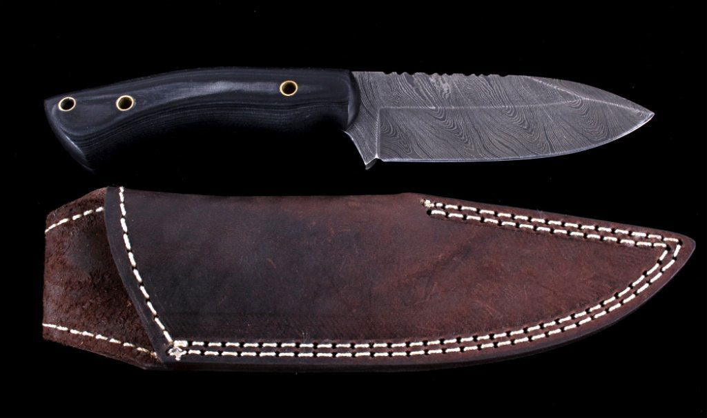 Damascus & Micarta CFK Knife with Vine File Work: This is a hand crafted custom knife from CFK Cutlery Company. The knife has a hand forged folded 512 Layer Twist (1095HC/15N20) Damascus steel blade with a fitted tactical micarta blue grey handle set