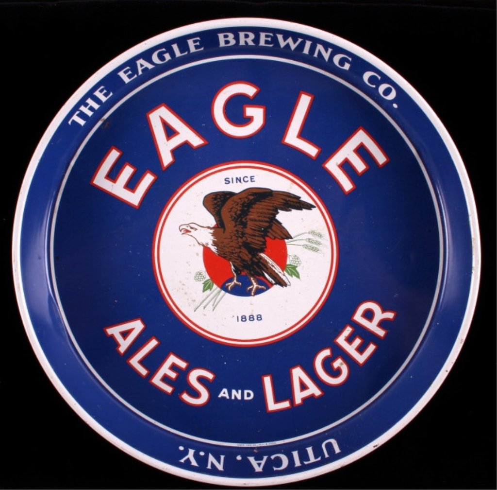 Eagle Ales and Lager Pre-Prohibition Beer Tray: This is an Eagle Ales and Lager beer tray. The logo on the tray shows a large Bald Eagle in the middle with wheat and hops. This is a pre-prohibition tray made before 1920. The beer tray is in good co