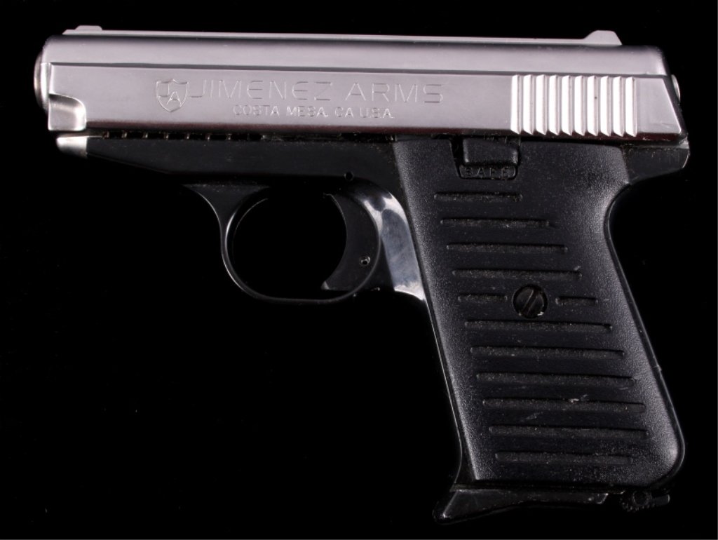 Jimenez Arms JA 380 .380 AUTO Pistol: This is a Jimenez Arms Henderson, NV USA Model JA-380 .380 Auto semi-automatic pistol. The pistol is in a two toned finish with the top being a stainless brushed style and the bottom being dark finish