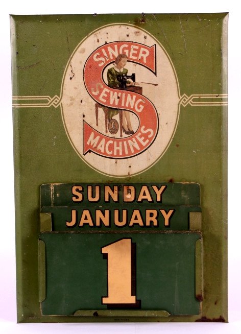 Antique Singer Sewing Machines Store Calendar: This is an antique Singer Sewing Machines store calendar. The calendar is made from tin with a fiber board backing. This would have been used in a store or shop to display the date. It is complete wit