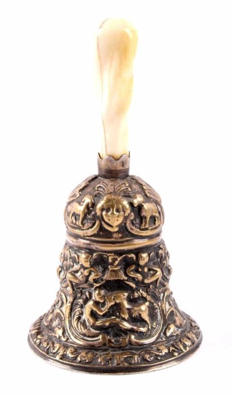 Gorham Old Florentine Sterling & Ivory Bell 19th C: The lot features an original Gorham Sterling Silver bell with a carved Ivory handle. The bell is from the 19th century and shows an exquisite design. Inside of bell marked, "(anchor symbol) Gorham Co.