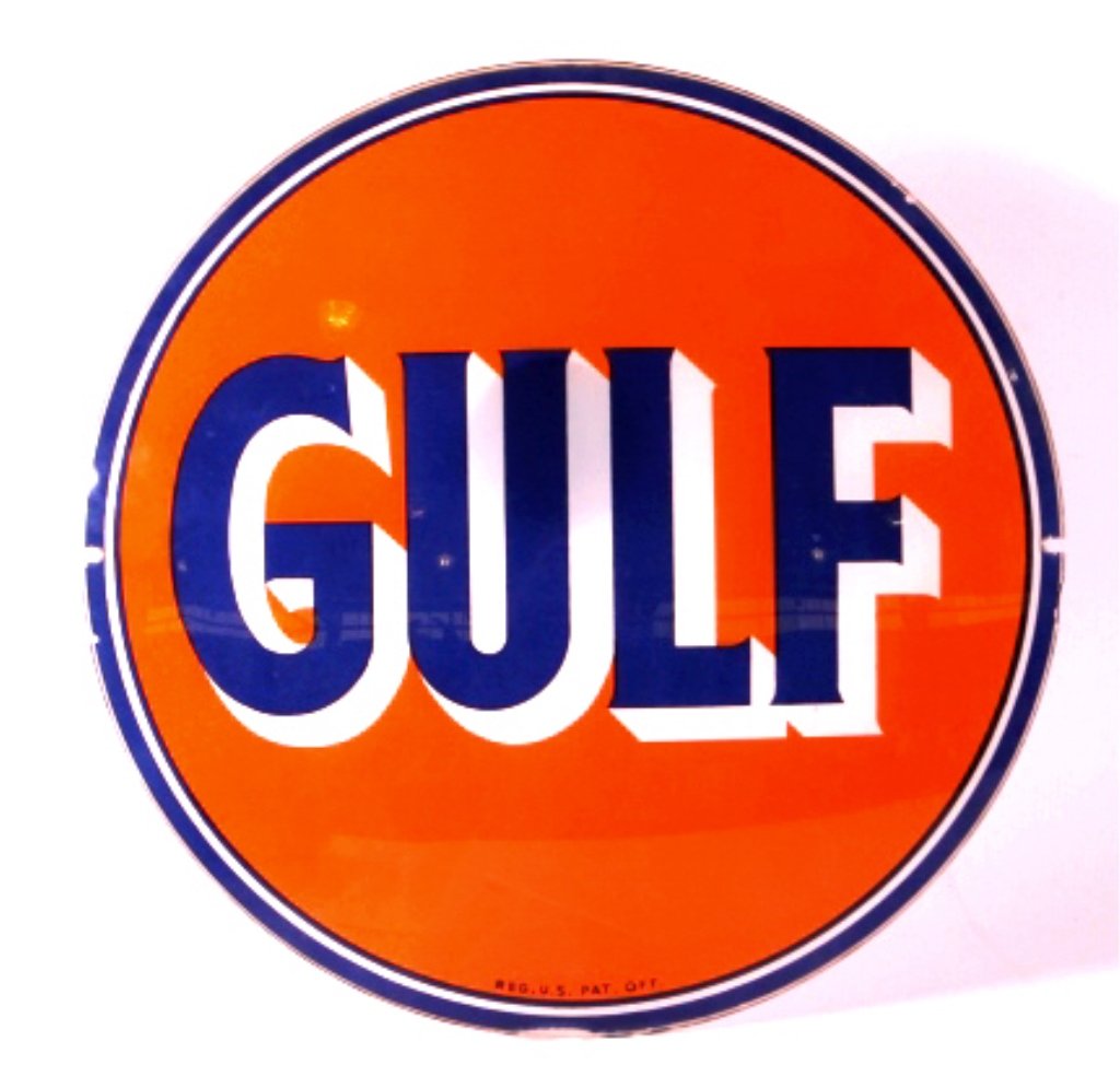 Gulf Service Station Gas Pump Glass Lens: This is an original Gulf service station gas pump glass lens. The lens shows the iconic logo with the traditional blue and orange colors. The glass is marked near the bottom "REG. U.S. PAT. OFF.". Thi