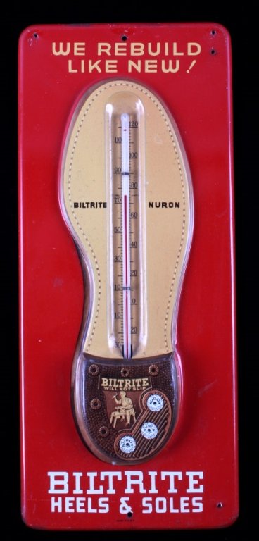 Biltrite Heels & Soles Advertising Thermometer: This is a Biltrite Heels & Soles advertising thermometers. The thermometer shows the heel and sole of a boot embossed on this piece. The thermometer is in good condition with great color and graphics.