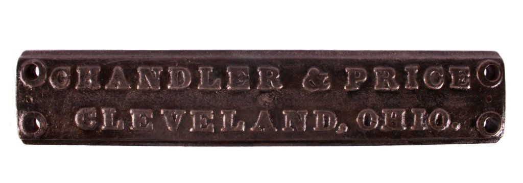 Cast Iron Emblem from Printing Press: This is an original cast iron emblem from an antique printing press. The emblem reads "Chandler & Price Cleveland, Ohio". The company made printing presses from the early 1880's to the mid 1960's. The