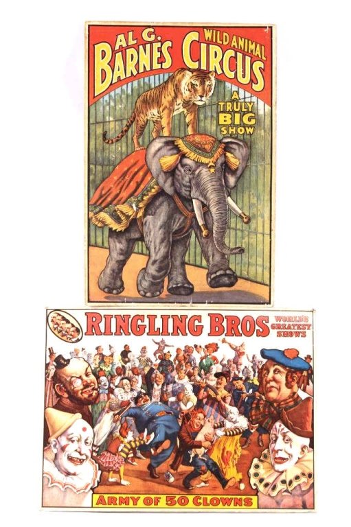 Ringling Bros & Barnes Circus Advertisements: The lot features two circus advertisements on board. The first shows a Al G. Barnes Wild Animal Circus "A Truly Big Show" with a tiger riding an elephant. The other piece is a Ringling Bros Worlds Gre