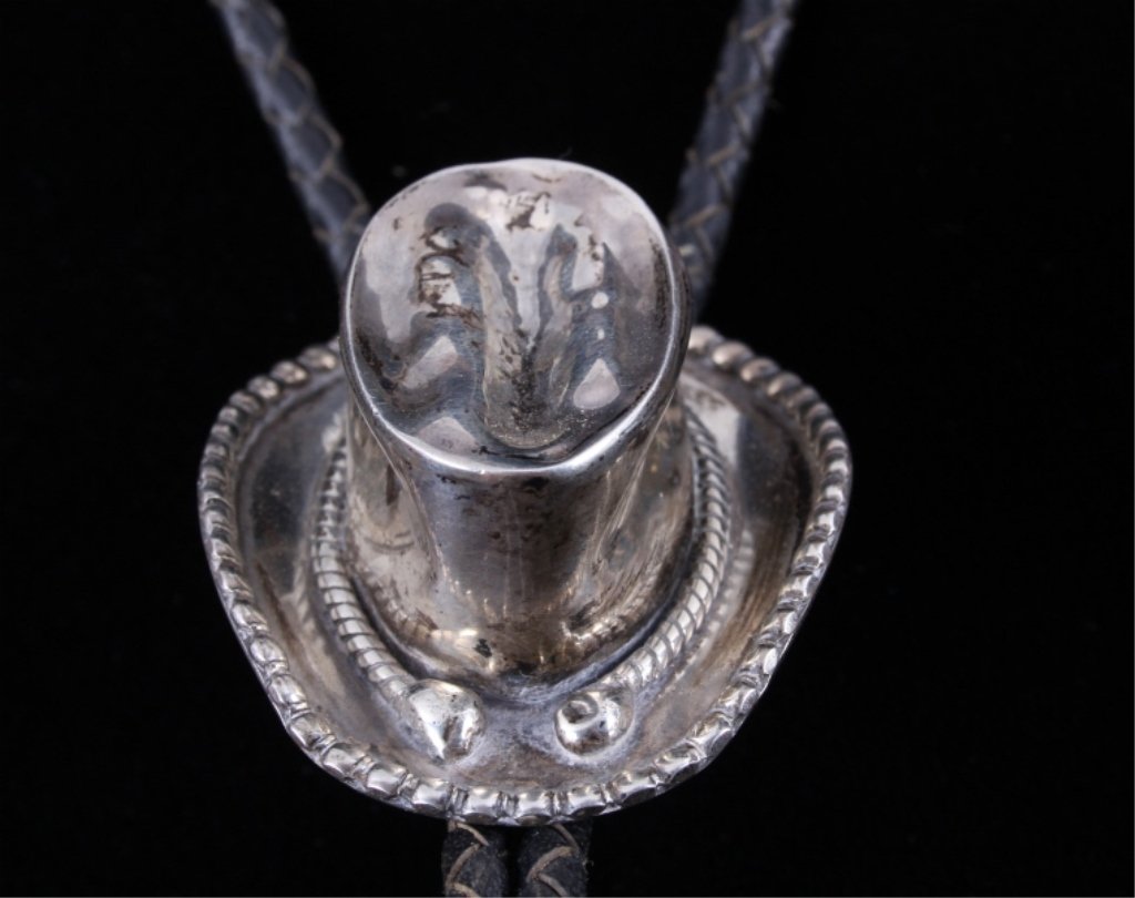 Navajo Sterling Silver Cowboy Hat Bolo Tie by GB: This is an original Navajo Native American Indian sterling silver working Western Cowboy hat by silversmith George Begay. The piece is signed "G.B. 98 Sterling" Well made piece. Bolo measures 1.75"x2 